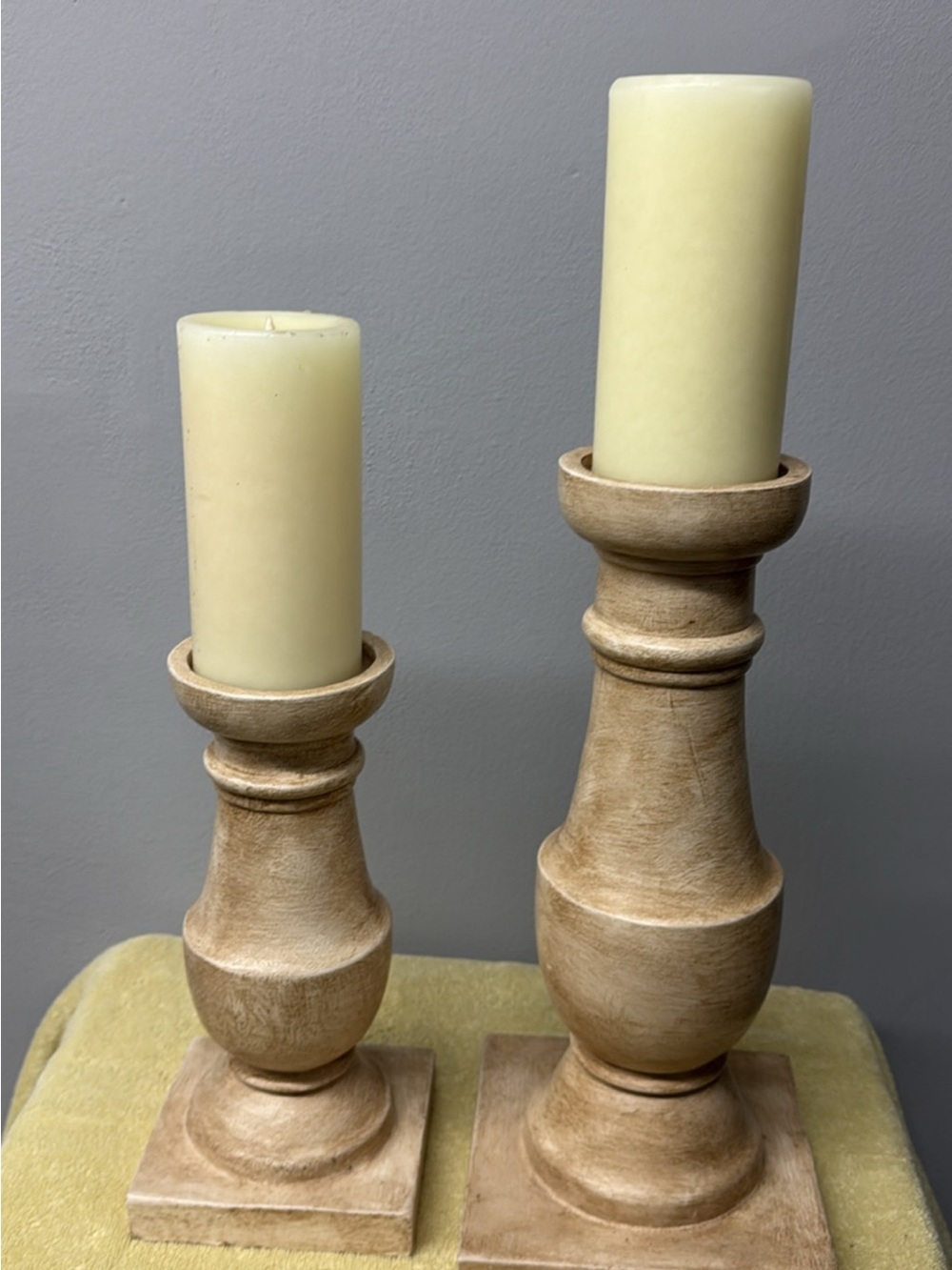 Neutral Wood Pillar Candle Holders with Cream Candles - Set of 2